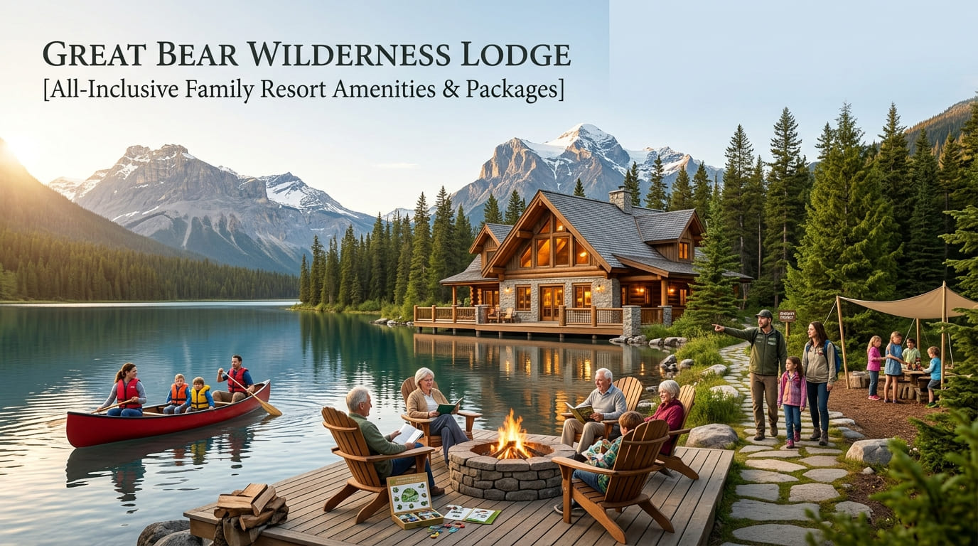 Adults around a fire pit on a deck while a family paddles a red canoe past a timber lodge