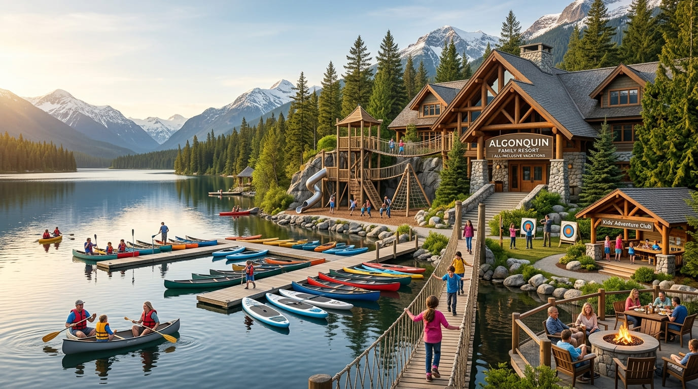 Colourful canoes and paddleboards at a lakeside dock, with a playground, an archery range, and a timber lodge