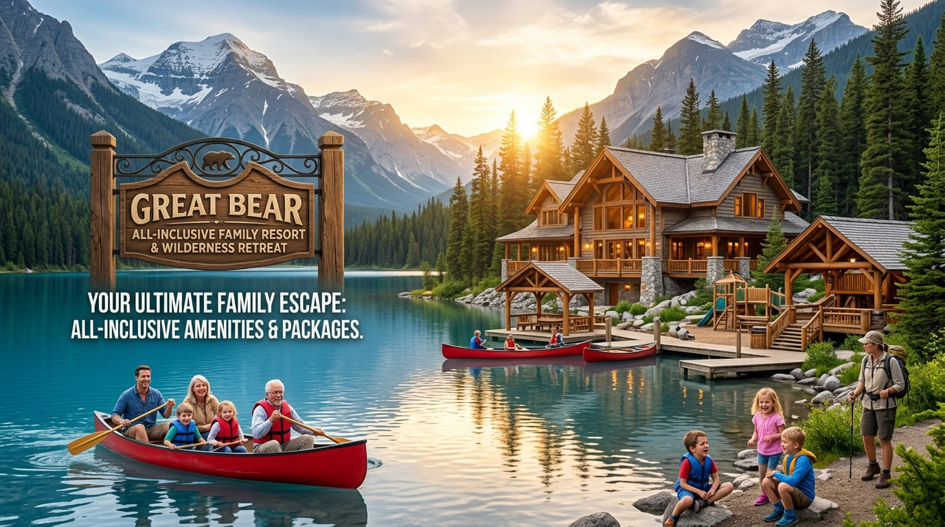 A family in a red canoe on a mountain lake, with a timber lodge, a playground, and children on the shore