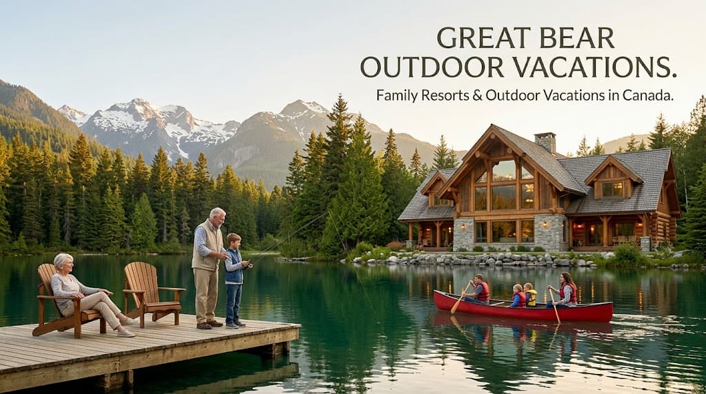 Grandparents and a child fishing from a dock while a family paddles a red canoe on a mountain lake