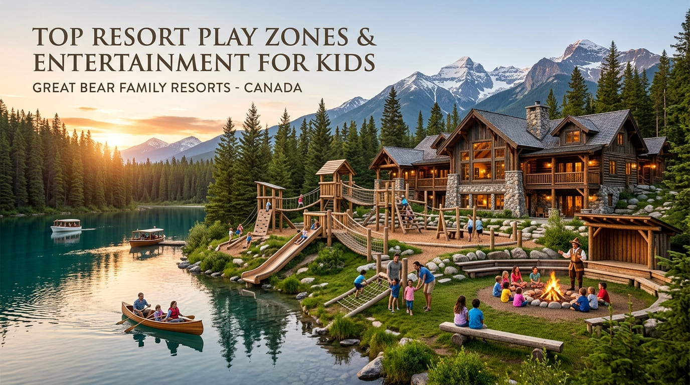 Children around a campfire and on a wooden playground beside a lake, with a timber lodge and mountains behind