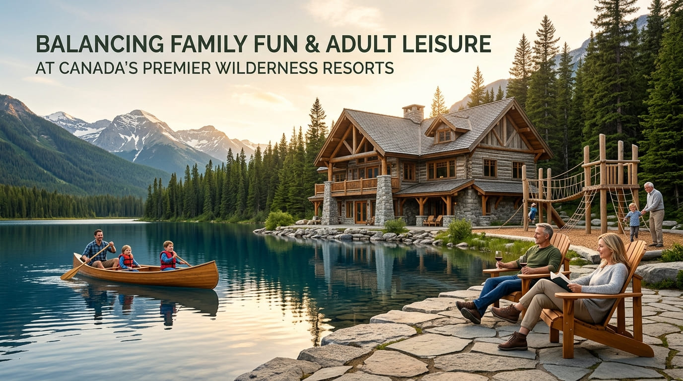 Parents reading on a stone shore while children paddle a canoe past a timber lodge and a small playground